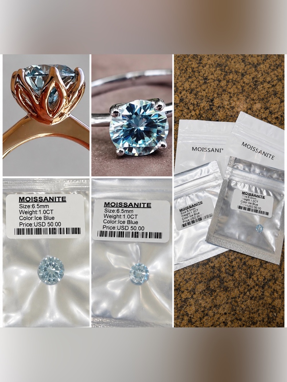 Moissanite diamond 6.5 mm 1CT ice blue stones ring earrings necklace